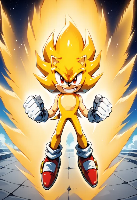 <lora:superSaiyanAura_PDXL_Mlaofmd-10:1.0>, <lora:Super_Sonic_Sonic_X:1.0>, score_9, score_8_up, score_7_up, score_6_up, 1boy, SuperSonicX, Golden Yellow Fur, red Eyes, White Gloves, Red & White Shoes, solo, detailed eyes, clenched hands, supersaiyanaura, power, aura, sharp aura, yellow aura, fight stance, floating, looking at viewer, grin, galaxy, starry, galaxy background,