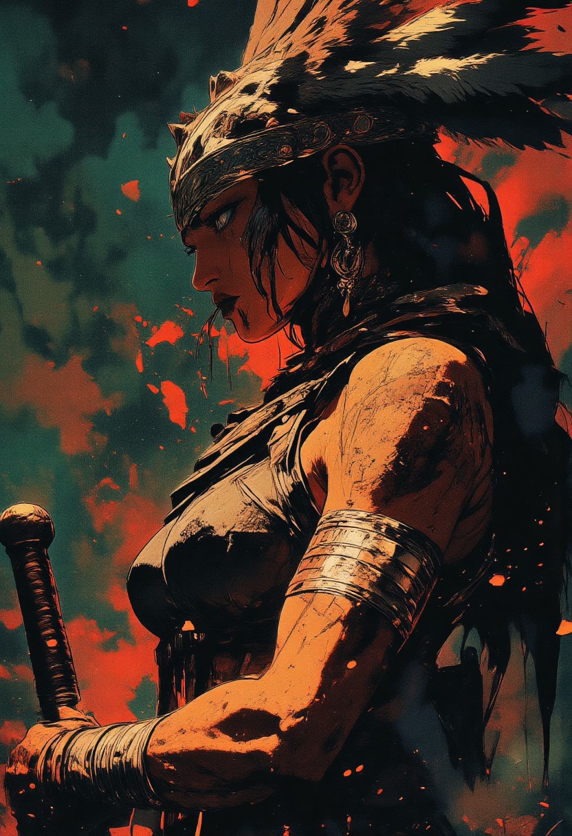 Female aztec warrior, tribal, wolf head hat, Revenant, war paint, face paint, eye black, glowing eyes, in profile, toned arms, braided hair, battle damaged armor, large breasts, breast plate, dark and moody background, adds a dramatic tone, subtle lighting reflections, ray traced, foreshortening, particle effect, Holding a sword,