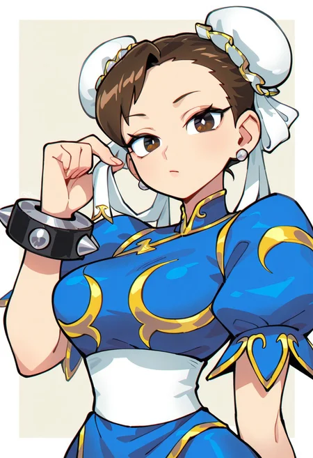 {{masterpiece,best quality,amazing quality,absurdres}}, {{flat shading, cel shading}}
BREAK
1girl, solo, upper body, simple background, portrait, looking at viewer, chun li, brown hair, white hair buns, blue dress, poofy sleeves, short sleeves, breasts