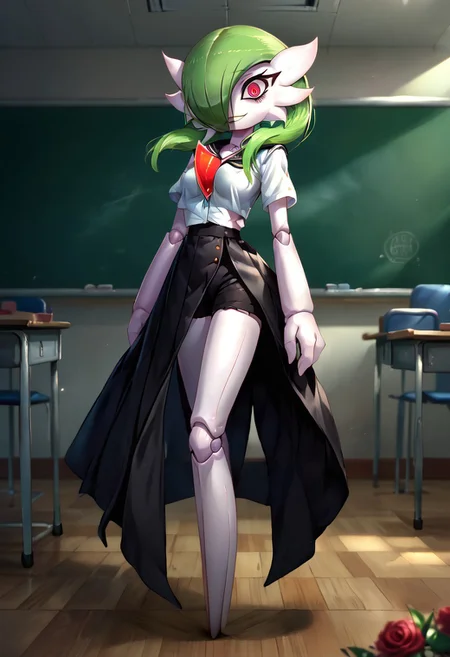 (((gardevoir))), female, anthro, pale white skin, score_9, score_8_up, score_7_up, source anime, , background, fancy school, classroom,, crazy, yandere, looking at viewer, depth of field, highly detailed, , green hair, red eyes, short hair with long locks, crazy eyes, Living Doll, looking at viewer, solo, cowboy shot, full body, horror, roses, black shorts, sailor shirt, doll, joints, bowing, smile, detailed eyes, cute face,, (Masterpiece), (expressive eyes),