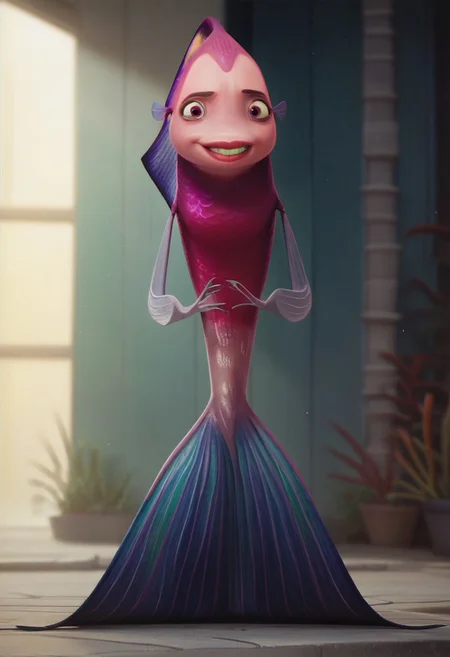 score_9, score_8_up, score_7_up, score_6_up, score_5_up, score_4_up, angie_st, sharktale style, solo, fish, anthro, looking at viewer, standing, full body