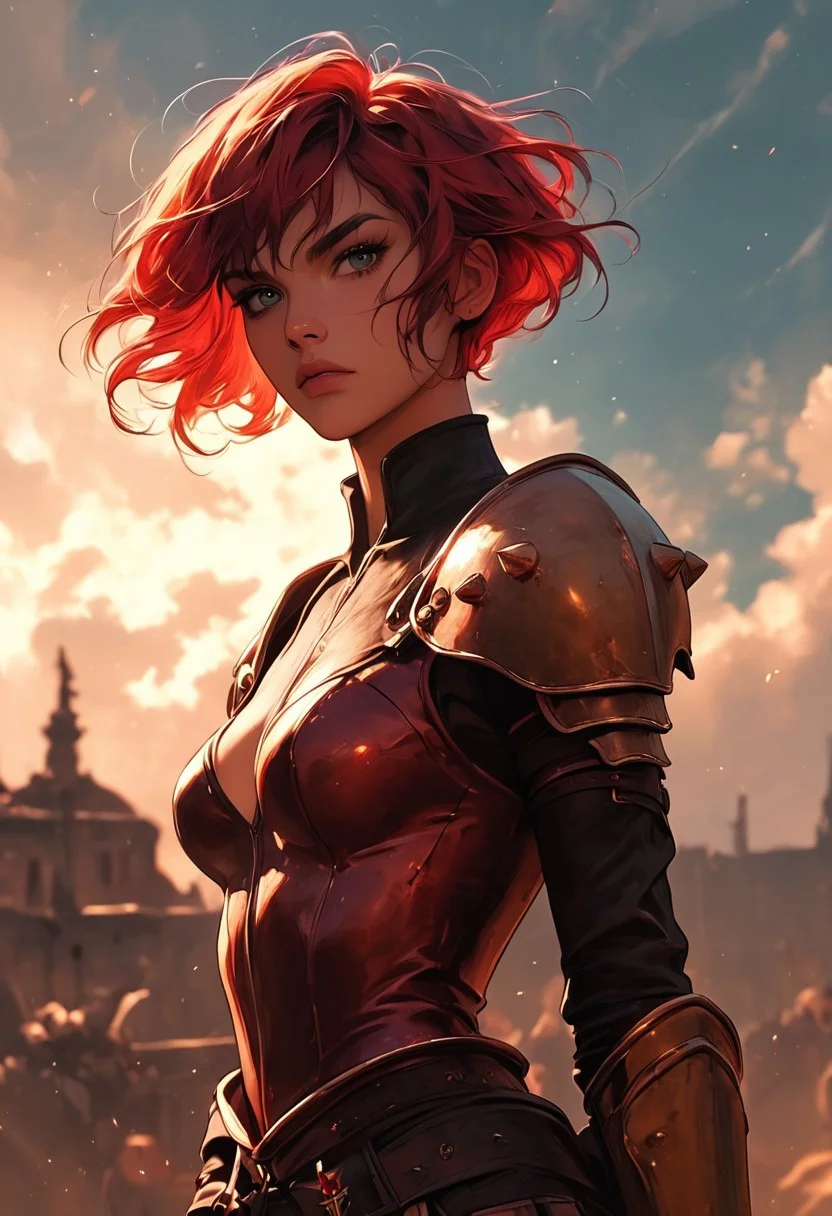 masterpiece, best quality, highly detailed, ultra-realistic, score_9, score_8_up, score_7_up, score_6_up,
BREAK
1woman, athletic waist, medium breasts, tanned skin, no makeup, short red hair, messy strands, wearing a leather armor that partially covers her body, standing on a battlefield, looking at viewer with a determined expression, battlefield setting, swords and shields in the background, cloudy sky, view from front, soft focus, depth of field.
BREAK
dynamic light, cold_light, vibrant colors cool_colors, soft focus, high contrast, textured surfaces, depth of field, dramatic shadows, rich details, battlefield-inspired color palette, cinematic composition.