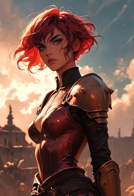 masterpiece, best quality, highly detailed, ultra-realistic, score_9, score_8_up, score_7_up, score_6_up,
BREAK
1woman, athletic waist, medium breasts, tanned skin, no makeup, short red hair, messy strands, wearing a leather armor that partially covers her body, standing on a battlefield, looking at viewer with a determined expression, battlefield setting, swords and shields in the background, cloudy sky, view from front, soft focus, depth of field.
BREAK
dynamic light, cold_light, vibrant colors cool_colors, soft focus, high contrast, textured surfaces, depth of field, dramatic shadows, rich details, battlefield-inspired color palette, cinematic composition.