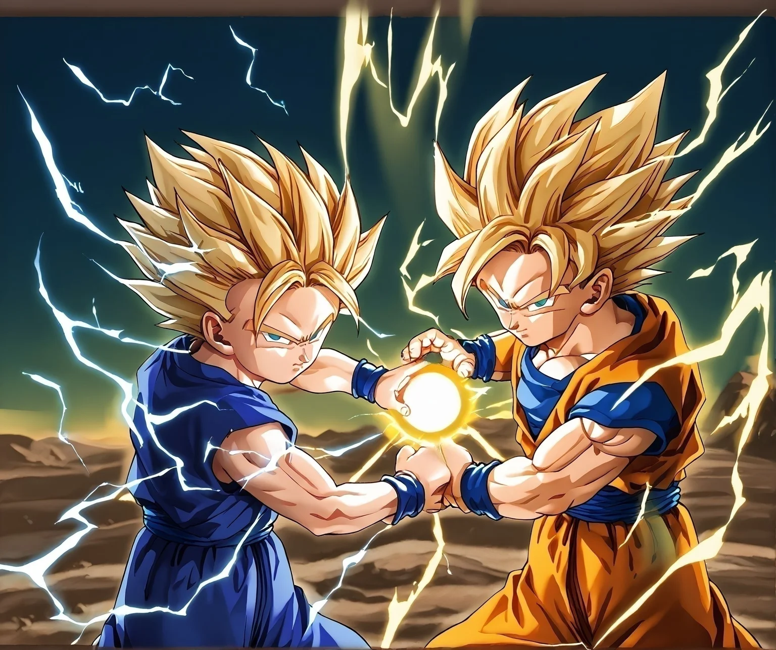 score_9,score_8_up,score_7_up,masterpiece, best quality, <lora:WHM 0.2v:0.5>, WHM, 2D,anime,
(2boys:1.2),side by side,standing in different side, cooperative kamehameha charge stance, looking at viewer, close up, age difference, size difference,
charge stance, kamehameha charge stance, energy ball, aura, electricity,
<lora:kamehameha charge stance:0.5>
BREAK
(2boys:1.2),side by side,standing in different side,cooperative kamehameha charge stance, looking at viewer, close up,
charge stance, kamehameha charge stance, energy ball, aura, electricity,
( In a dark apocalyptic place:1.0),round iris,
son gohan, child,(ssj2:1.0), blue dojo ,
<lora:Son_Gohan_Teen_pony_Sayan_1_and_2:0.7>
BREAK
(2boys:1.2),side by side,standing in different side, cooperative kamehameha charge stance, looking at viewer, close up,
charge stance, kamehameha charge stance, energy ball, aura, electricity,
(goku,sayan1), (super expresive), mature male,
<lora:Goku_Pony_XL:0.5>