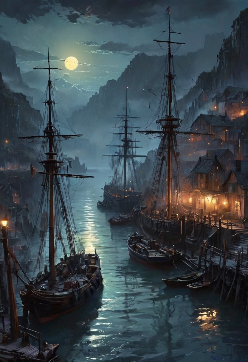 A rickety bridge stretches across a deep chasm, connecting two high cliffs that overlook a bustling port. Multiple galleons are anchored at the docks, their tall masts and intricate rigging silhouetted against a colorful sky. The vibrant hues of sunset blend with the darkening twilight, as the full moon begins to rise, casting a silvery glow over the scene. Smoke drifts lazily from the port, mingling with the thick mist that clings to the ground, creating an eerie and mysterious atmosphere. The overall setting is dark and foreboding, yet the moonlight and colorful sky add a touch of ethereal beauty.  [romantic impressionism,perfect masterpiece, detailed matte painting, deep color, fantastical, intricate detail, ,beautiful gorgeous digital art,style of greg rutkowski,janek sedlar,jenny saville:0] <lora:vivid_everclear:0.6>