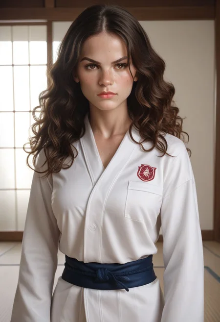 score_9, score_8_up, score_7_up, score_7, score_6_up, solo, 1dk, face focus, detailed face, beautiful face,
raw, realistic, d3t41l3d,
1girl, 28-year-old, athletic, long hair, wavy hair, dark brown hair, hazel eyes, light freckles, freckles, small beauty mark, beauty mark
judo uniform, judo belt,
indoors, fighting stance, dojo, dougi,
confident, serious, ready,