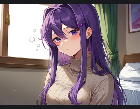 score_9, score_8_up, score_7_up, source_anime,
ddlcyuri, <lora:ddlc-yuri-ponyxl-lora-nochekaiser:1>
ddlcyuri, hair ornament, hairclip, long hair, purple eyes, purple hair,
casual clothes, grey sweater, miniskirt, pants, ribbed sweater, skirt, sweater, turtleneck, turtleneck sweater,
indoors, bed, bed room, on side, blush, drunk,
looking at viewer, dutch angle, cowboy shot,