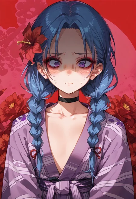 anime artwork, score_9, score_8_up, score_7_up, score_6_up, score_5_up, 1girl, LP_jinx, blue hair, twin braids, long hair, bright purple eyes, blush, small breasts, flat chest, ((simple black choker, purple yukata, red flower pattern on yukata)), portrait, small collarbone, simple background, abstract background, makeup, emotional, shaded_eyes, awkward face