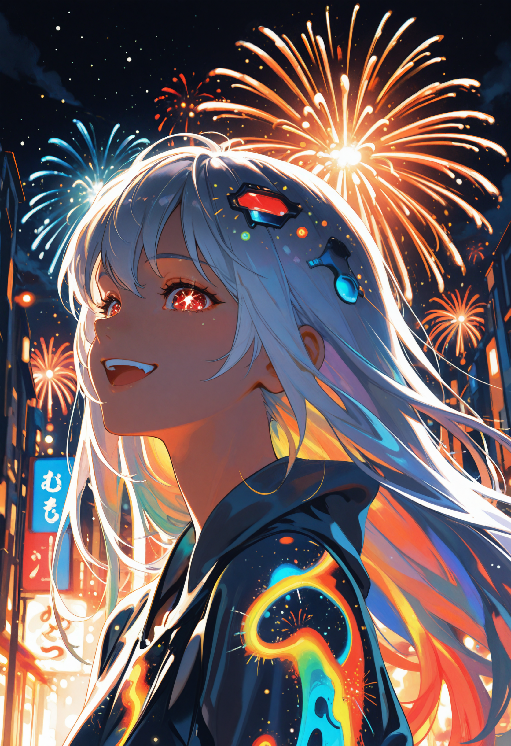 embedding:lazypos, 1girl, solo, smile, thin lips, open mouth, upper body, long hair, white hair, red eyes, sidelighting, fireworks, aerial fireworks, night, street, building, city, night sky, cloud, snow, colorful,
