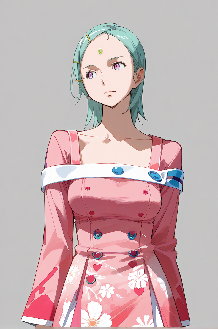 safe pos, <lora:Eureka:0.3>, <lora:Eureka - Eureka Seven V5:0.1>, <lora:Eureka - Eureka Seven Astral Ocean:1>, EAO, (purple eyes:0.8), aqua hair, short hair, hair ornament, hairclip, (forehead:1), (mature female:0.7), 1girl, solo, medium-large breasts, off shoulders, pink dress, off shoulder dress, floral print, armpit crease, legs, cowboy shot, looking away, head tilt, hand up, hand on own face, detailed, closed mouth, from front, soft skin, detailed, modern, gray background, simple background, cinematic, flat color, official art, [illustration], [screencap], source anime, vibrant colors, saturation, <lora:Watercolor Anime Style LoRA_Pony XL v6:0.5> watercolor \(medium\), traditional media,