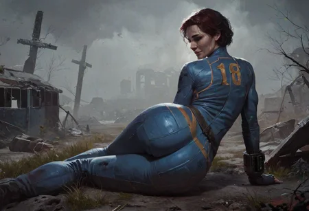 score_9, score_8_up, score_7_up, 1girl, solo, mature, woman, muscular, fallout, blue shelter dweller jumpsuit, red short hair, jumpsuit covers the whole body, wet skin, realistic, beautiful face, Cold Night, concept art, digital art, realistic, dark theme, low light, big butt:1.2, girl sitting on the grass, looking at the viewer