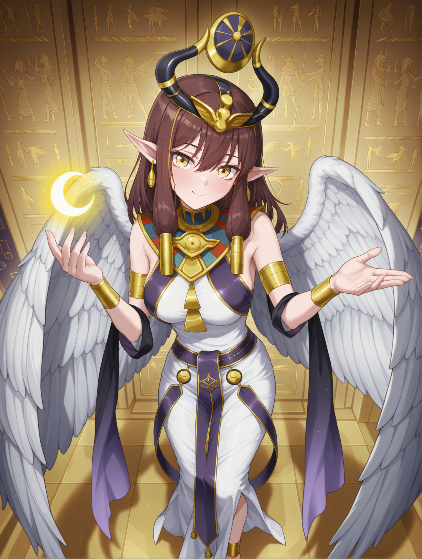 white feather wings, maiden of the millennium moon, 1girl, solo,  egyptian art, standing, looking at viewer, smile, gold earrings, holding crescent, gold headdress, gold hair tubes, white egyptian dress, gold armlet, gold anklet, gold bracelet, crescent, head tilt, from above, 
masterpiece,best quality,amazing quality,very aesthetic,absurdres,newest,<lora:Maiden of the Moonlight & Millennium Moon illusXL v1.1:0.74>,