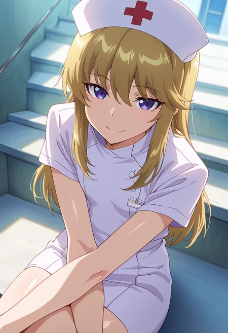 masterpiece, best quality, amazing quality, very aesthetic, absurdres, newest, illustration, perfect composition, intricate details, highres, anime coloring, general, 1girl, solo, (cowboy shot:1.2), keiww, purple eyes, blonde hair, long hair, bangs, hair between eyes, sidelocks, flat chest, nurse cap, nurse, short dress, <lora:Kugimiya_Kei_Majestic_Prince_ill:1>, from below, sitting, sitting on stairs, hugging own legs, looking at viewer, smile, outdoors, stairs, shiny body, shiny skin, skindentation, clear skin, shiny hair, ultra detailed eyes, depth of field, sharp, intricate details, hyperdetailed, ultra-detailed, detailed clothing folds, high contrast, dynamic light <lora:Kugimiya_Kei_Majestic_Prince_ill:1>