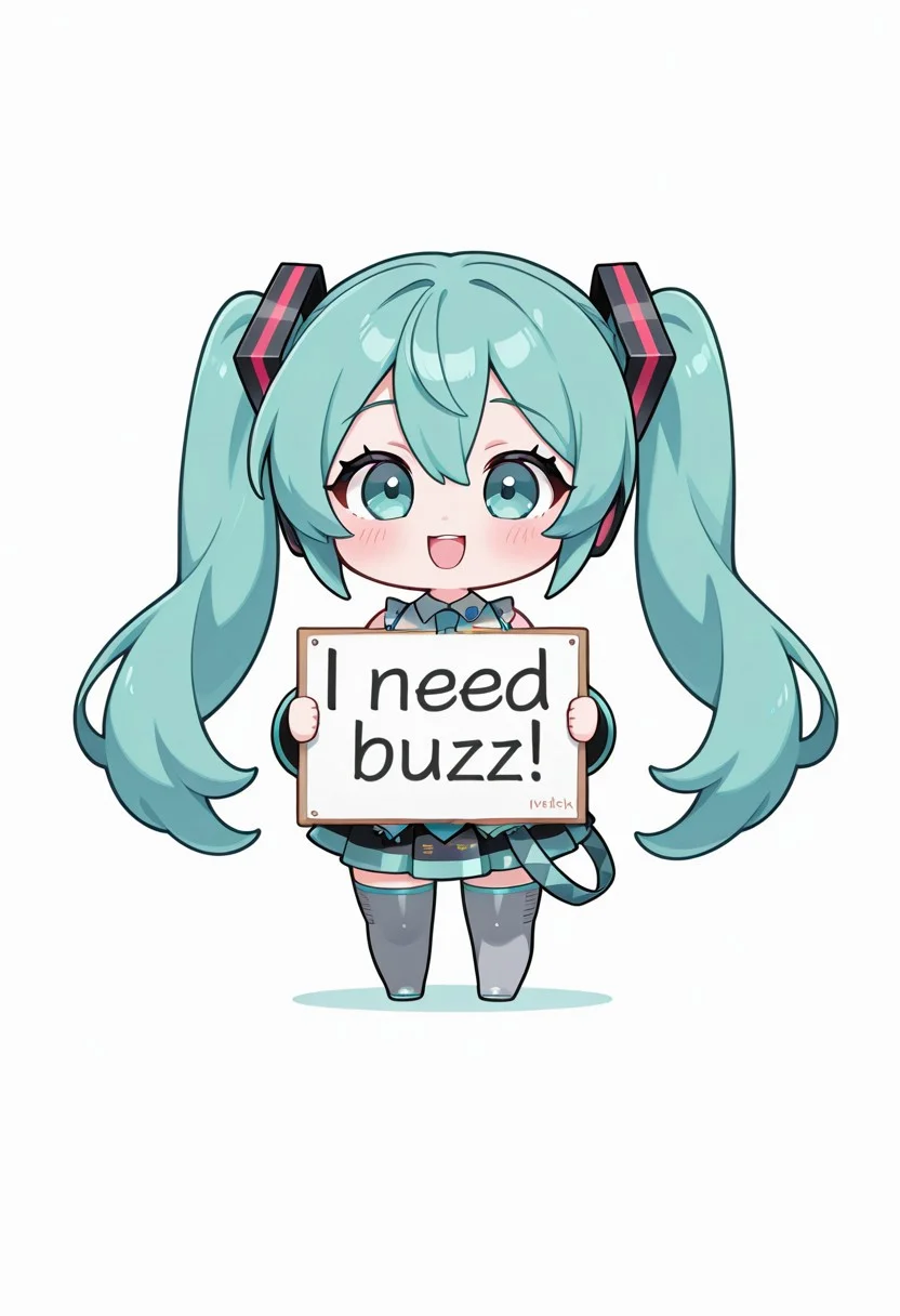 1girl, miku, chibi, need buzz, holding sign, white background