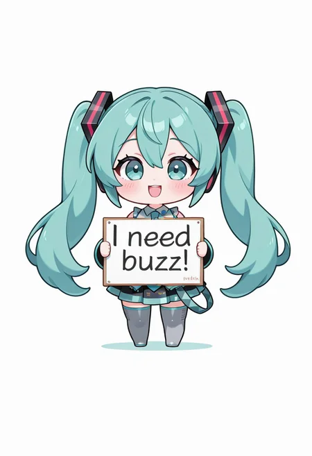 1girl, miku, chibi, need buzz, holding sign, white background