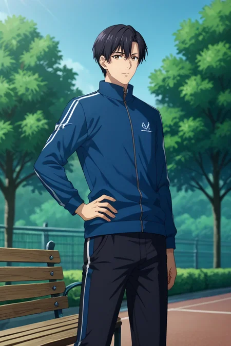 score_9, score_8_up, score_7_up,score_6_up,score_5_up,score_4_up,source_anime,BREAK, rating_safe, intricate details , , , anime screencap, anime coloring, official style, depth of field,1boy, solo, male focus , , ,<lora:ye_xiu:0.84>,ye xiu,black hair,brown eyes, short hair,Looking at viewer, shirt, long sleeves, closed mouth, standing,blue jacket,track jacket, outdoors, sky, pants, day,tree,short pants, black pants, scenery, hand on own hip, bench,jogging suit,from below, , ,
  <lora:sdxl_lightning_8step_lora_315544:1>