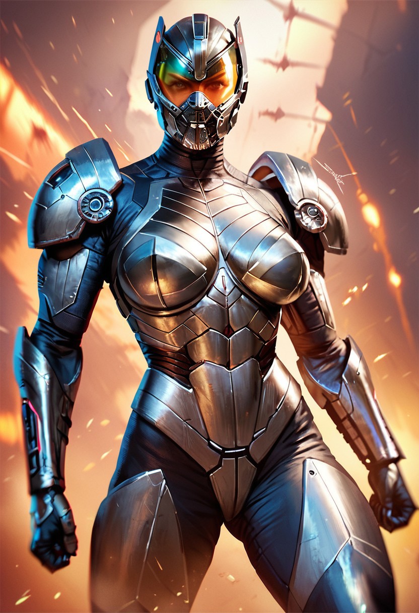score_9_up, score_8_up, score_7_up, chrome body, matte, Metallic, dark grey, (faceless), futuristic, ((smooth round armor)), (female), smoothed lines, sleek, action cinematic stance, moving,