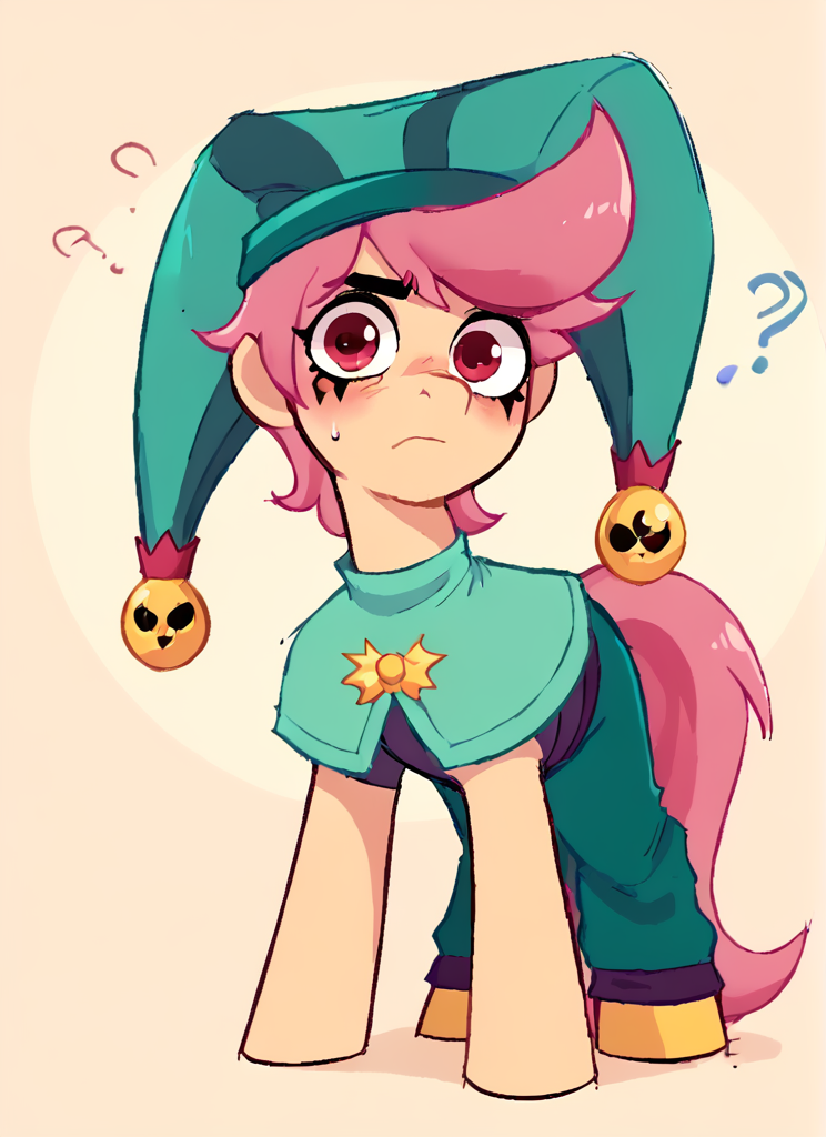 score_9, score_8_up, score_7_up, <lora:bschester:1> 1boy, bschester , pink hair, short hair,  red eyes , jester cap,  green headwear  ,green jumpsuit,  capelet,  ,solo  , blush,  confused,  ???  ,arms behind back,  looking at viewer,  closed mouth    <lora:SyrupyyyArt:1>syrupyyy  (, pony , horse girl, pony girl , all fours,:1.1)