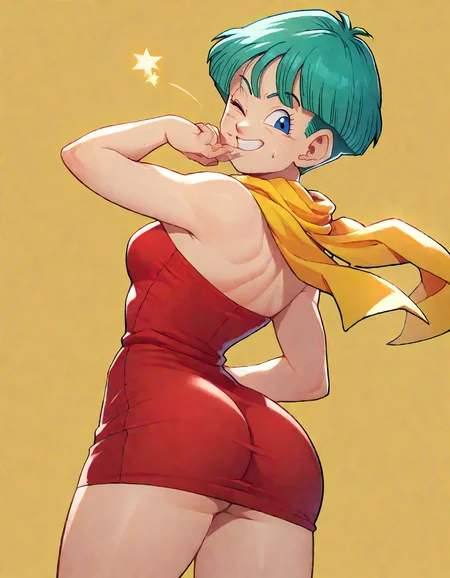 zPDXL
bulmaxl, 1girl, solo,
short hair, red dress, yellow scarf, short dress, looking back, ass, one eye closed, smile, cowboy shot, strapless, bare shoulders,
<lora:bulmaxl4-000003:0.7> ,