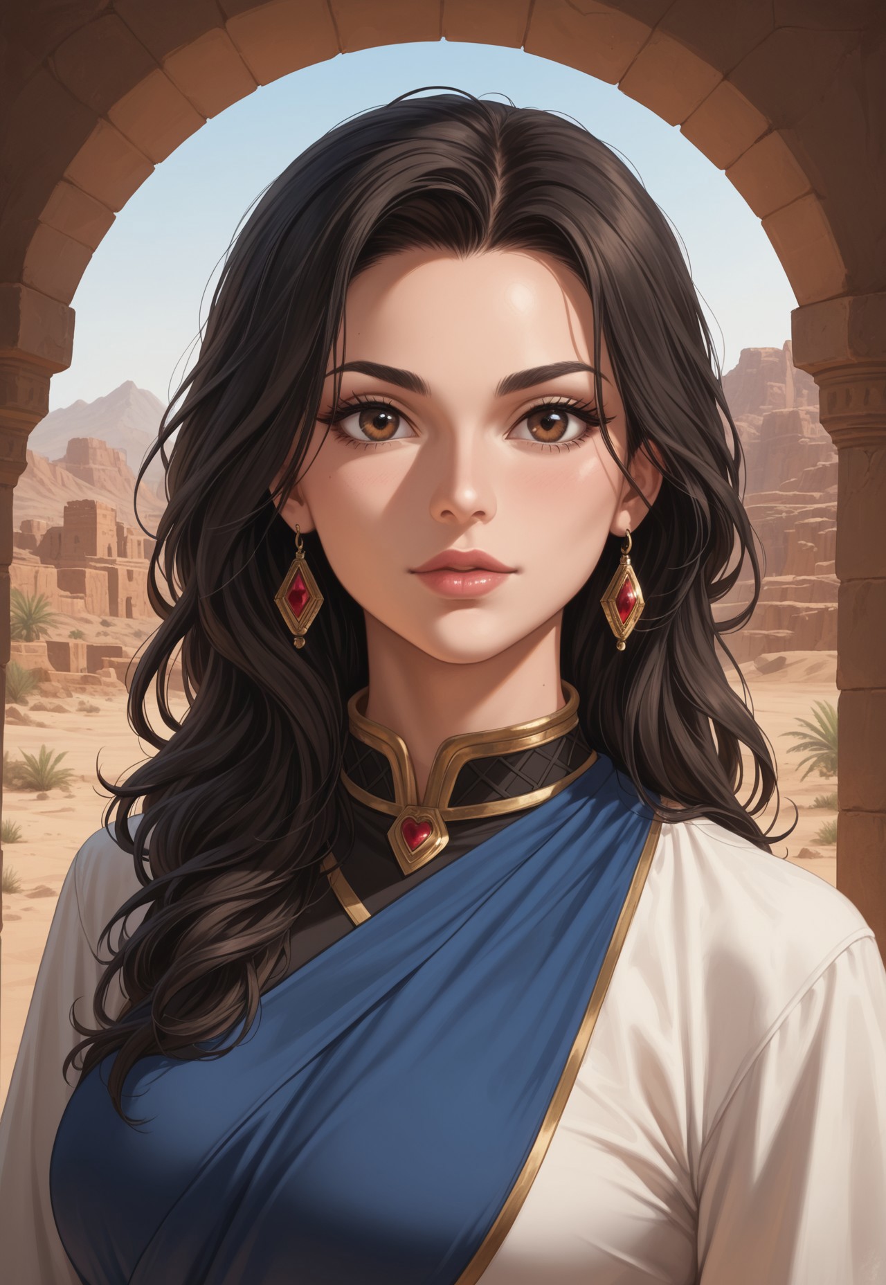 score_9, score_8_up, score_7_up, 1girl, solo, desert nomad, flowing robes with intricate embroidery and desert-inspired patterns, ancient curved scimitar with a polished bronze blade and a wrapped leather handle, long wavy black hair adorned with desert flowers, realistic, cinematic angle, cinematic lighting, slender body, mysterious face, deep brown eyes, vigilant pose
BREAK
standing guard at an oasis in the heart of the desert
BREAK
source_fantasy_art, rating_explicit, expressive, full body, dynamic pose
BREAK
detailed beautiful background, vast desert landscape with rolling sand dunes and distant mirages, lush oasis with palm trees and a sparkling pool of water, ancient ruins and desert creatures, distant mountains with rugged cliffs, mystical atmosphere with a sense of adventure and mystery
<lora:Expressive_H:0.6>Expressiveh, (SimplepositiveXLv1:1.3), (upper body, full clothed:1.85) ((masterpiece)) (ultra realistic, 32k, masterpiece:1.2), (high detailed skin:1.1), (high quality:1.1) (((full clothed))) <lora:DandonFuga_Style_v.2_-_Pony:0.8> 
<lora:add-detail-xl:1> 
<lora:Dynamic Poses:1>