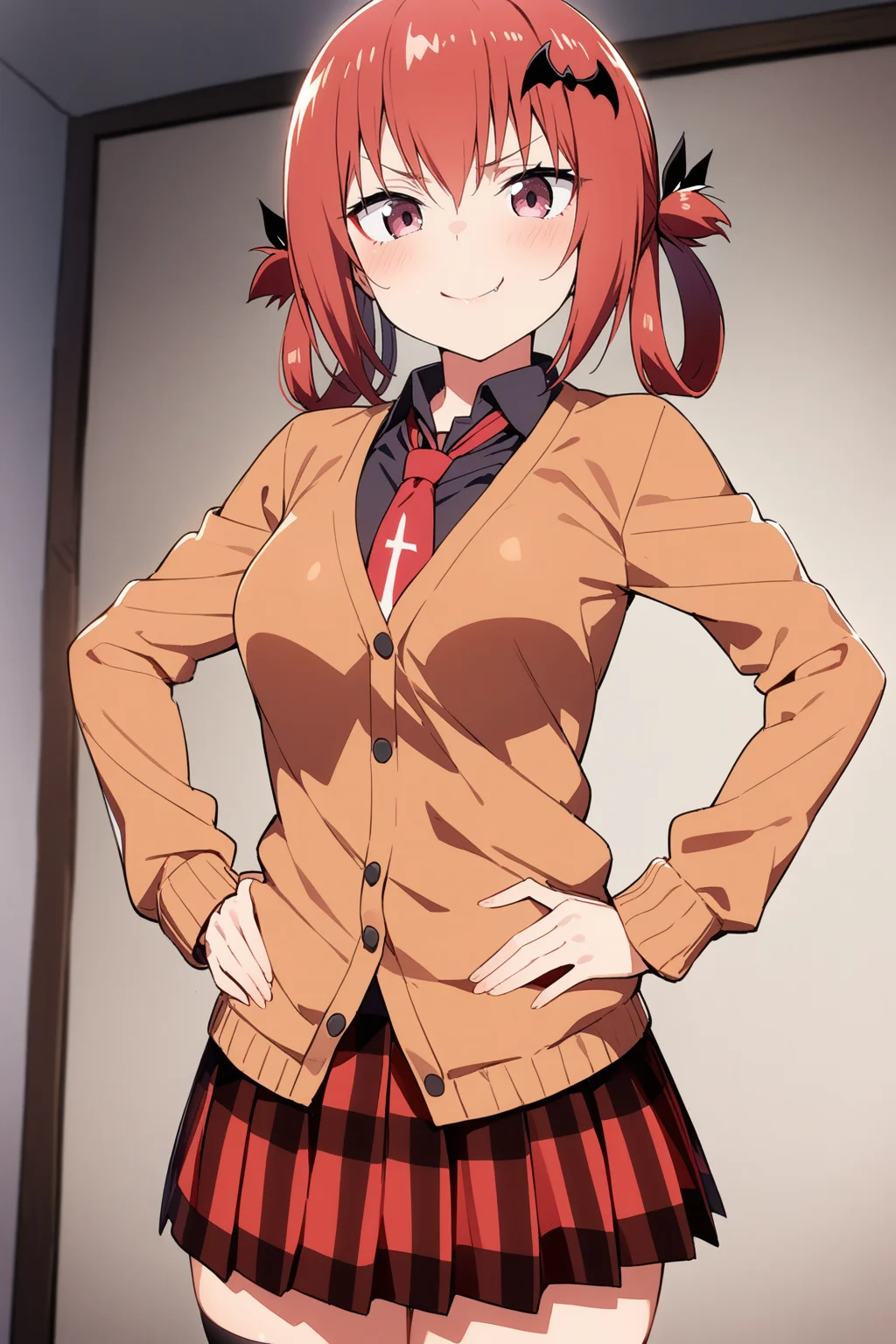 1girl, satanichia kurumizawa mcdowell, gabriel dropout, masterpiece, best quality, solo, detailed eyes, absurdres, extremely detailed, cardigan, smug,looking at viewer, hands on hips, rating: safe, nsfw, perfect features, makeup, eyeliner, intricate details, ultra resolution image  <lora:satania-xl-000007:0.8>