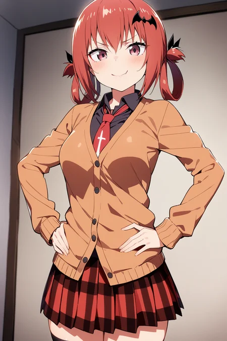 1girl, satanichia kurumizawa mcdowell, gabriel dropout, masterpiece, best quality, solo, detailed eyes, absurdres, extremely detailed, cardigan, smug,looking at viewer, hands on hips, rating: safe, nsfw, perfect features, makeup, eyeliner, intricate details, ultra resolution image <lora:satania-xl-000007:0.8>