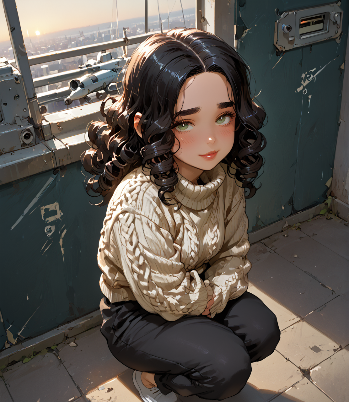 PonyScores7, source_anime, ah1, <lora:natsumi_style:1>, BREAK 1girl, (curly hair), long hair, (black hair:1.3), mature female, (parted hair:1.7), (round face:1.2), (thick eyebrows), (curvy), round-chin, (greenish hazel eyes), caucasian, (downturned eyes:1.2), (plump face), <lora:ETO_OCPonyXL:0.5> eto_oc, skindentation, (plump), thick thighs, wide hips, busty, voluptuous, kinky curls, lips, <lora:venus body PonyXL:0.4>,  (shy, blush, smirking at viewer), (Crouching down arms wrapped around the knees looking contemplative,), (an underground parking lot, with concrete pillars, low ceilings, dim lighting), looking at viewer, (jet-black Turtleneck Sweater & Palazzo Pants,Snug sweater, palazzo pants are roomy), BREAK <lora:xl_more_art-full_v1:0.2>, <lora:shinyskin2:0.2> glistening skin, <lora:aesthetic_anime_v1s:0.2>, <lora:Expressive_H:0.2> Expressiveh, <lora:hairdetailpxl:0.2> hairdetailpxl, <lora:EpicF4nta5yXL:0.2>, <lora:detailxl:0.2> detailxl, <lora:Fant5yP0ny:0.2>, best quality, amazing quality, best aesthetic, absurdres, <lora:expressive eyes:0.2> expressive eyes, <lora:eyedetailpxl:0.2> eyedetailpxl, illustration, Volumetric_Lighting, ultra-detailed, very aesthetic, intricate details, 8k, masterpiece, best_quality, BREAK (High Angle view Close shot (focus on legs)), BREAK <lora:Eyes_High_Definition:0.3> EyesHD, Stable_Yogis_PDXL_Positives, AS-Adult, <lora:Complicated fantasy portrait - XL Pony V2.0:0.4>, bad-hands-5,