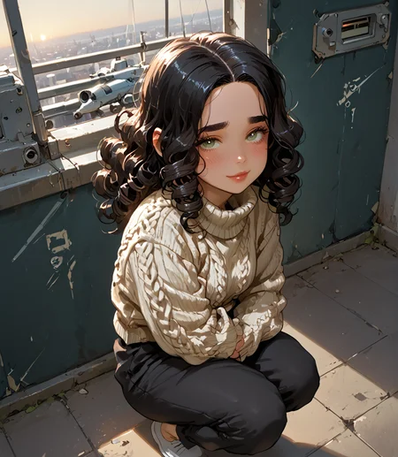 PonyScores7, source_anime, ah1, <lora:natsumi_style:1>, BREAK 1girl, (curly hair), long hair, (black hair:1.3), mature female, (parted hair:1.7), (round face:1.2), (thick eyebrows), (curvy), round-chin, (greenish hazel eyes), caucasian, (downturned eyes:1.2), (plump face), <lora:ETO_OCPonyXL:0.5> eto_oc, skindentation, (plump), thick thighs, wide hips, busty, voluptuous, kinky curls, lips, <lora:venus body PonyXL:0.4>,  (shy, blush, smirking at viewer), (Crouching down arms wrapped around the knees looking contemplative,), (an underground parking lot, with concrete pillars, low ceilings, dim lighting), looking at viewer, (jet-black Turtleneck Sweater & Palazzo Pants,Snug sweater, palazzo pants are roomy), BREAK <lora:xl_more_art-full_v1:0.2>, <lora:shinyskin2:0.2> glistening skin, <lora:aesthetic_anime_v1s:0.2>, <lora:Expressive_H:0.2> Expressiveh, <lora:hairdetailpxl:0.2> hairdetailpxl, <lora:EpicF4nta5yXL:0.2>, <lora:detailxl:0.2> detailxl, <lora:Fant5yP0ny:0.2>, best quality, amazing quality, best aesthetic, absurdres, <lora:expressive eyes:0.2> expressive eyes, <lora:eyedetailpxl:0.2> eyedetailpxl, illustration, Volumetric_Lighting, ultra-detailed, very aesthetic, intricate details, 8k, masterpiece, best_quality, BREAK (High Angle view Close shot (focus on legs)), BREAK <lora:Eyes_High_Definition:0.3> EyesHD, Stable_Yogis_PDXL_Positives, AS-Adult, <lora:Complicated fantasy portrait - XL Pony V2.0:0.4>, bad-hands-5,