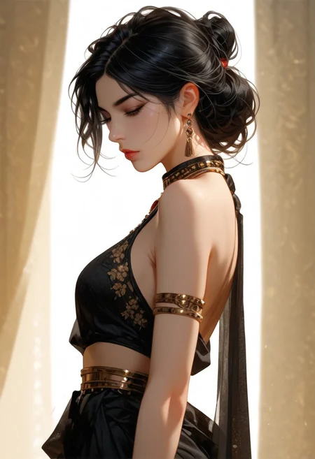 (score_9, score_8_up, score_7_up), 1 girl, savita bhabhi, India Model ,black hair, slave leia outfit,skirt lift, 1girl,,pale skin,goth,nsfw, baroque clothes,side angle, from side, viewed from side, Look to Viewer
