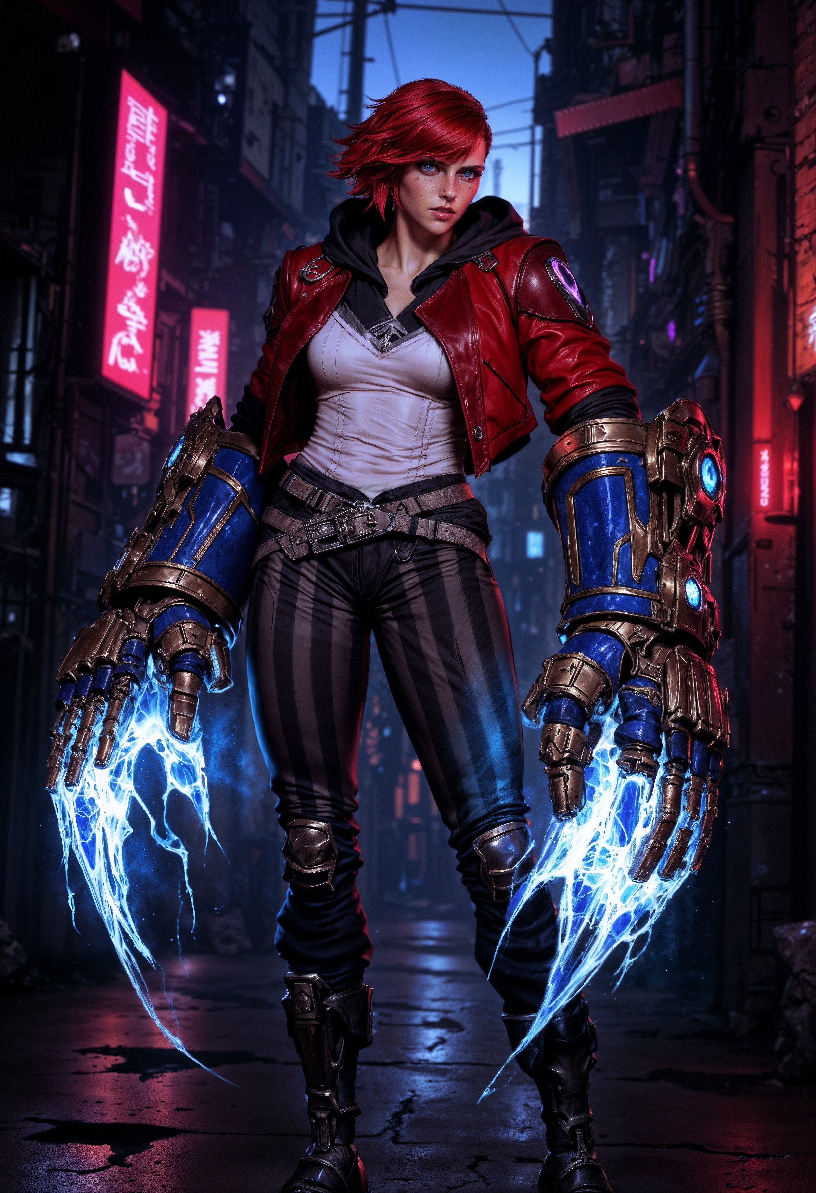ViA, a digital illustration in a vibrant, dynamic style, depicting a futuristic urban scene. The central figure is a woman with short hair, wearing a red jacket and dark pants. She has a determined expression and is wielding large, mechanical gauntlets that emit blue electricity. Her skin is light-toned. The background features a dimly lit alley with neon lights. The scene conveys a sense of action and intensity.  <lora:FluxMythP0rtr4itStyle:0.6> <lora:flux.1_lora_flyway_Epic-Characters_v1:0.6> <lora:Elden_Ring_-_Yoshitaka_Amano:0.33> <lora:FluxViA:0.9>