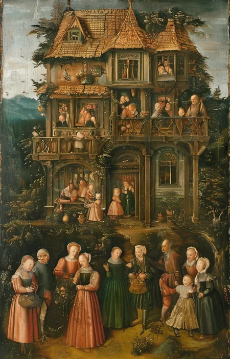 masterpiece,best quality,<lora:tbh283-sdxl:0.9>,illustration,style of Lucas Cranach the Elder portrait of family