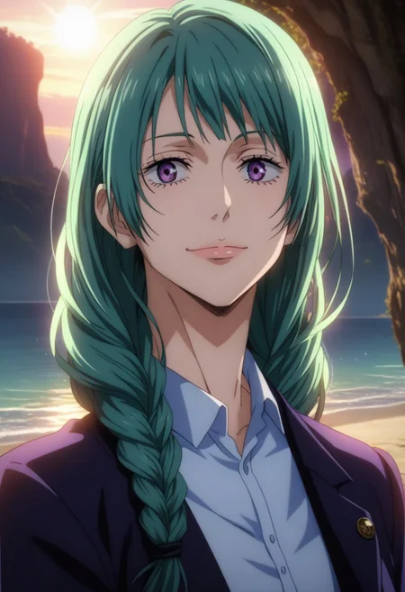 score_9, score_8_up, score_7_up, source_anime, intricate details, anime screencap, perfect balance, official art, extremely detailed CG unity 8k wallpaper, perfect lighting, Colorful, Warm_Front_face_Lighting, (masterpiece:1.0),(best_quality:1.0), ultra high res,4K,ultra-detailed, photography, 8K, HDR, highres, absurdres:1.2, Kodak portra 400, blurry background, bokeh, lens flare, (Anime) (vibrant_color:1.2), professional photograph, night, (good_face:1.2), 2d, anime, upper body, intricate iris, American, 1960s, 1970s, Professional character design, 1girl, female focus, (vibrant amethyst purple eyes), perfect eyes, (bright green-teal hair), (Long Silky smooth hair), (pretty hair), (beautiful hair), (straight bangs), braided hair, preppy, white dress shirt, youthful, feminine, sultry, solo, jujutsu_kaisen_style, character portrait, (perfect-lighting, lens flare), face, torso, (Charming) (Beautiful) (Elegant) (Sophisticated smile), feminine, young, (Wealthy, manor, extravagant, ornate embellishments, coastal, shore, cliff), warm sunlight, daylight, (sunlight), (warm lighting), comfortable lighting. turquoise hair, vibrant purple eyes, amethyst eyes, slimes_mjur, wavy hair