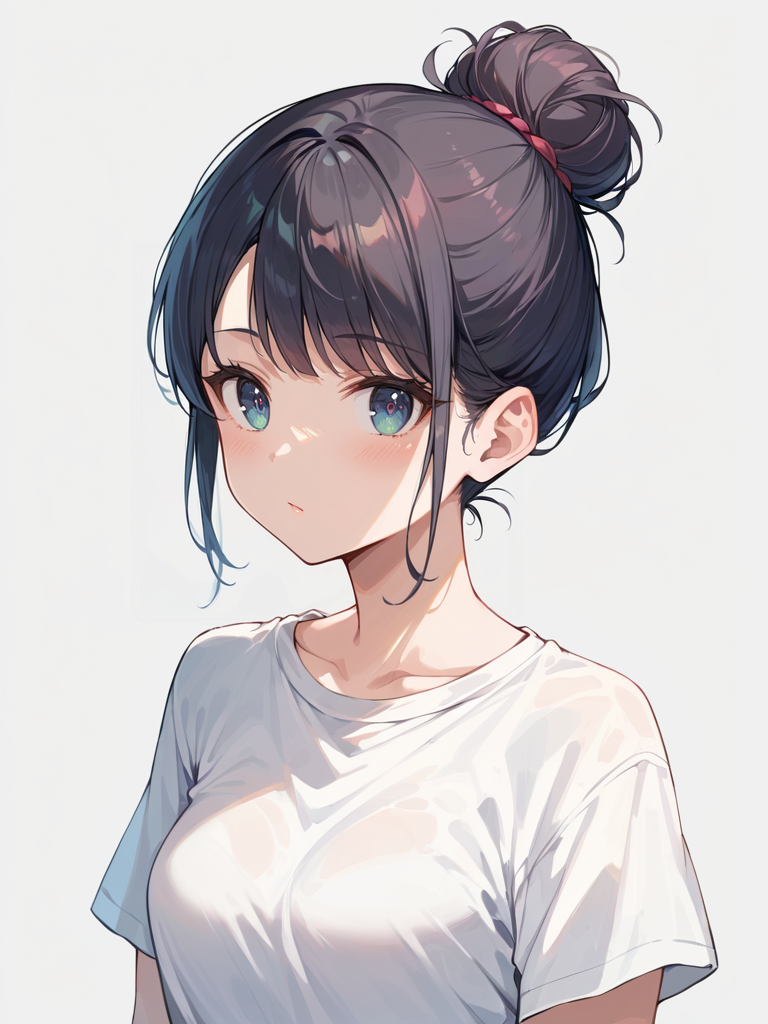 score_9, score_8_up, score_7_up,source_anime, high res image,masterpiece,best quality,girl,cute face,clear skin,shiny hair,ultra detailed eyes,simple background , <lora:single hair bun_pony_V1.0:1> single hair bun,shirt