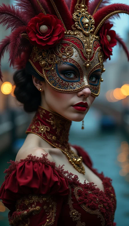 Head-to-waist portrait, Venetian masquerade young woman. Intrincate costume and highly detailed traditional Venetian mask, distinctive intricate pose, beautiful facial features, detailed enchanting eyes, ultramarine gold, russian red and gold details, background is the Bridge of Sighs in Venice at night. In the style of Victoria Frances and Daria Endresen. Mysterious ambiance, at naight, ultra-fine photorealistic digital art.