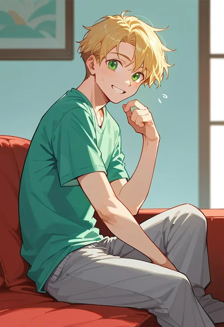 score_9, score_8_up, score_7_up, score_6_up, Aleshenka, masterpiece, best quality, BREAK 1boy, solo, open eyes, green eyes, green t-shirt, gray sweatpants, blonde hair, short hair, handsome, tall, smile, sitting on the red sofa, side view, looking at viewer, living room, simple background