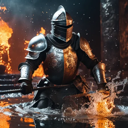 cinematic photo (interior dungeon foundry:1.2}, (cracking sculpure of armored knight:1.2) , emerging from (opaque liquid pbr hot iron metal:1.1), lava hot, splash, splashing molten iron, surface ripples texture, vortexes, fresnel effect, stains <lora:Ripples-SDXL:1> <lora:Grit-SDXL:1> . 35mm photograph, film, bokeh, professional, 4k, highly detailed