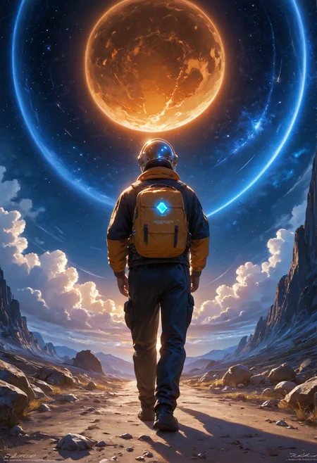 score_9,score_8_up,score_7_up,embedding:zPDXL2, masterpiece,best quality,highly detailed,detailed background, film grain,colorful,glowing,hand person,Expressiveh, , solo, 1boy, standing, male focus, bag, from behind, watermark, backpack, helmet, star \(sky\), scenery, 1other, science fiction, realistic, space, planet, ambiguous gender, spacecraft, spacesuit, astronaut, starship，<lora:增强\(增强)sdxl_lightning_8step_lora.safetensors:1.0:1.0> <lora:增强\(增强)Expressive_H-000001.safetensors:0.8:0.8> <lora:增强\(增强)Hands XL 4.safetensors:1.0:1.0> <lora:增强\glowneon_xl_v1.safetensors:1.0:1.0> <lora:Vixon\收藏\Vixon's Pony Styles Illumi.safetensors:0.8:0.8>