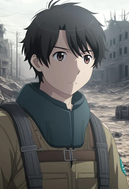 high resolution, solo, best quality, 1Boy, Inaho Kaizuka, Black Hair, Brown Eyes, shallow depth of field, Post-Apocalyptic, survival, OverallDetail