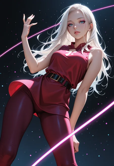 depth of field, focused subject, ((dynamic angle)), sexy pose, best quality, detailed eyes, perfect eyes, realistic eyes,
white hair, pink highlights, loose curls, long hair, blue eyes, ((full lips)), (mascara), makeup,
slim body, small ass, medium breast,
(red sleeveless tunic), (maroon leggings), black belt,
BREAK,
dynamic pose,
movie perspective, black background, neon lines, neon circles, neon light, abstract background, dark background, ((dynamic lights))