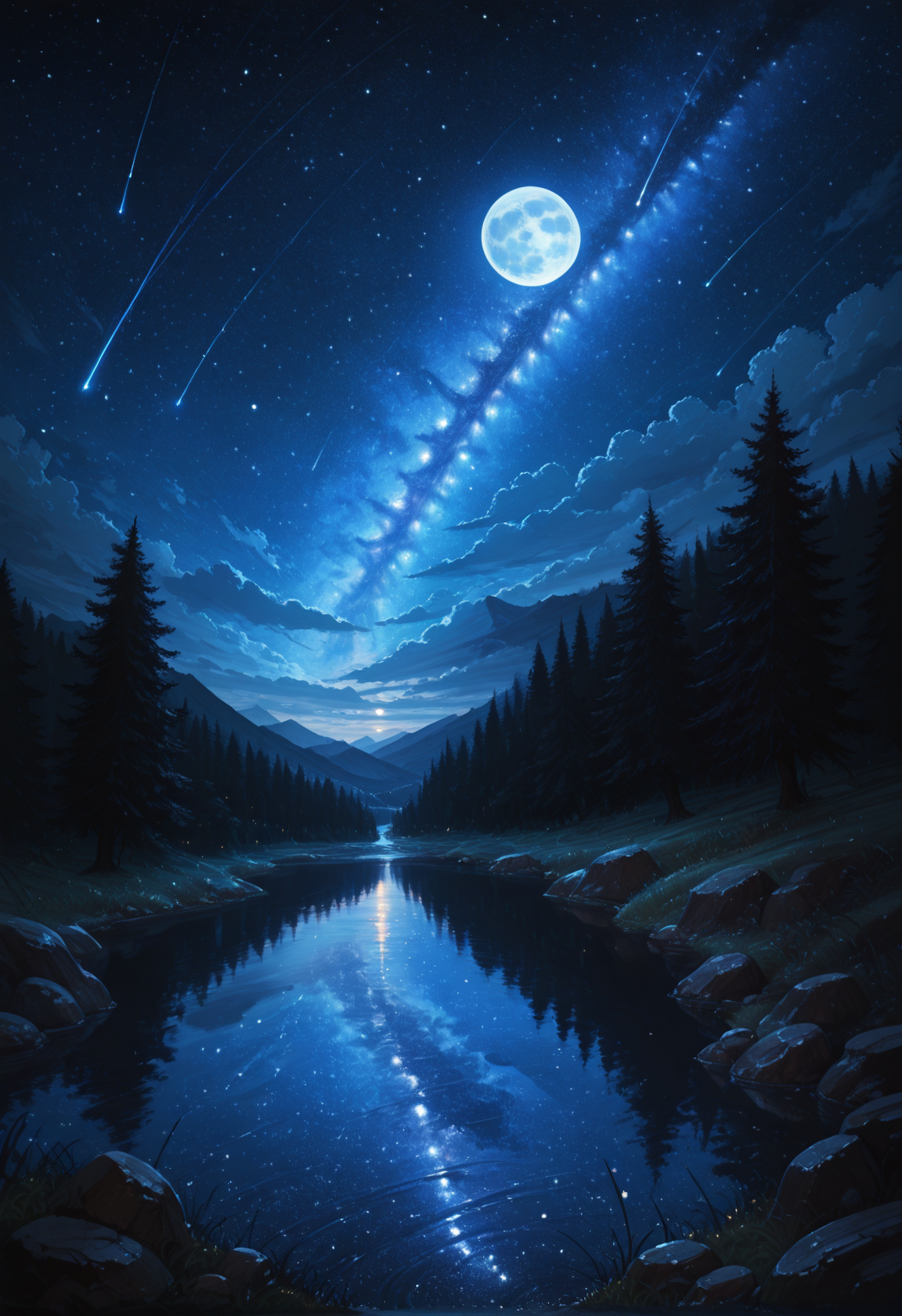 star \(sky\), scenery, sky, no humans, starry sky, night, moon, outdoors, night sky, tree, nature, water, full moon, rock, reflection, grass, forest, mountain, shooting star, cloud, milky way, lake, river, landscape, <lora:Detailer_NoobAI_Incrs_v1:0.75>, masterwork, masterpiece, best quality, dynamic lighting , dynamic pose,,  dynamic angle, , , (realistic:1.2), (lineless:1.2), detailed,  , aged up, adult, depth of field, dynamic lighting, blurry, cheekbones, <lora:zy_illustrious_Realism_Enhancer_v1:0.5>