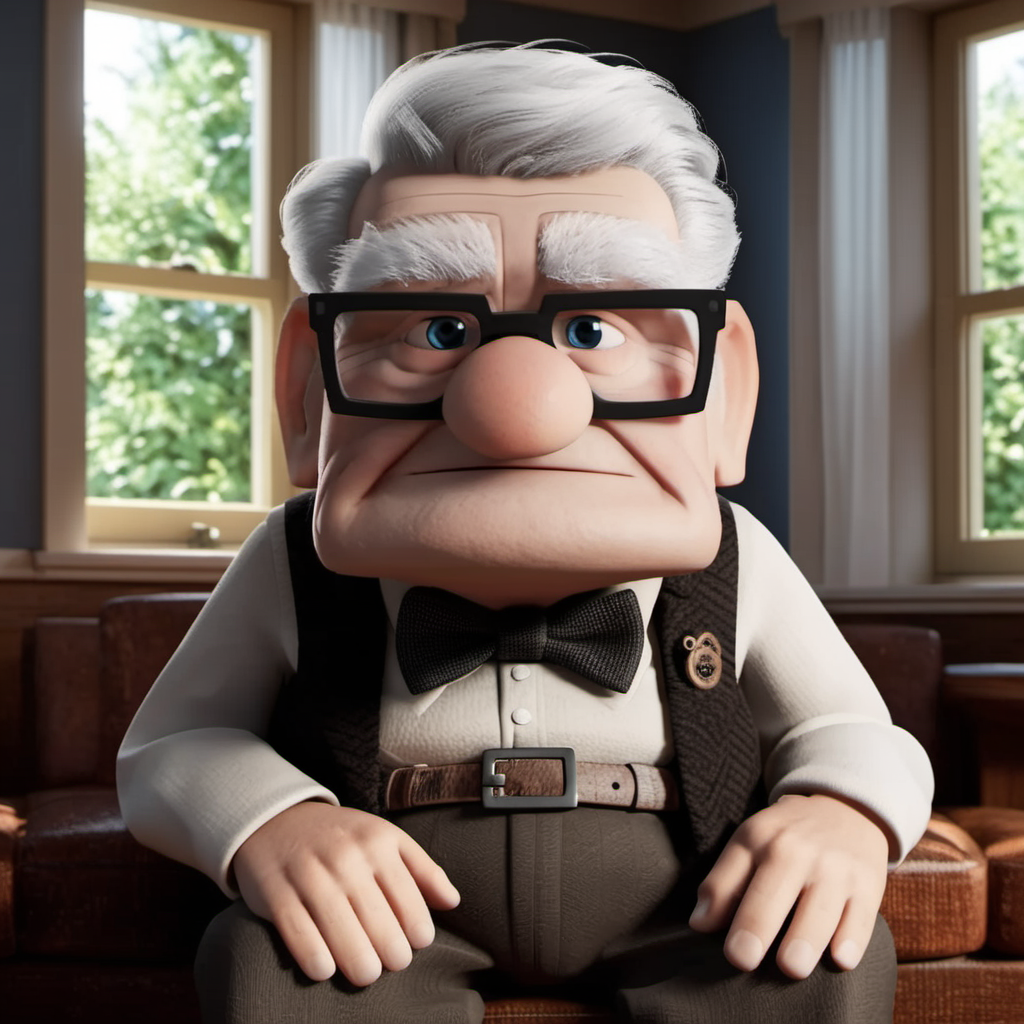 CarlFredricksen1024, an old man sitting in a living room, detailed eyes, highly detailed , photography, ultra sharp, film, bokeh, professional, 4k  <lora:add-detail-xl:1.5>  <lora:CarlFredricksen1024:0.8>