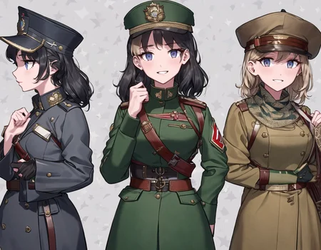 wargirls, 3girls, looking at viewer, dynamic pose, historical, masterpiece, best quality, very detailed, uniform, <lora:wargirls:1>
