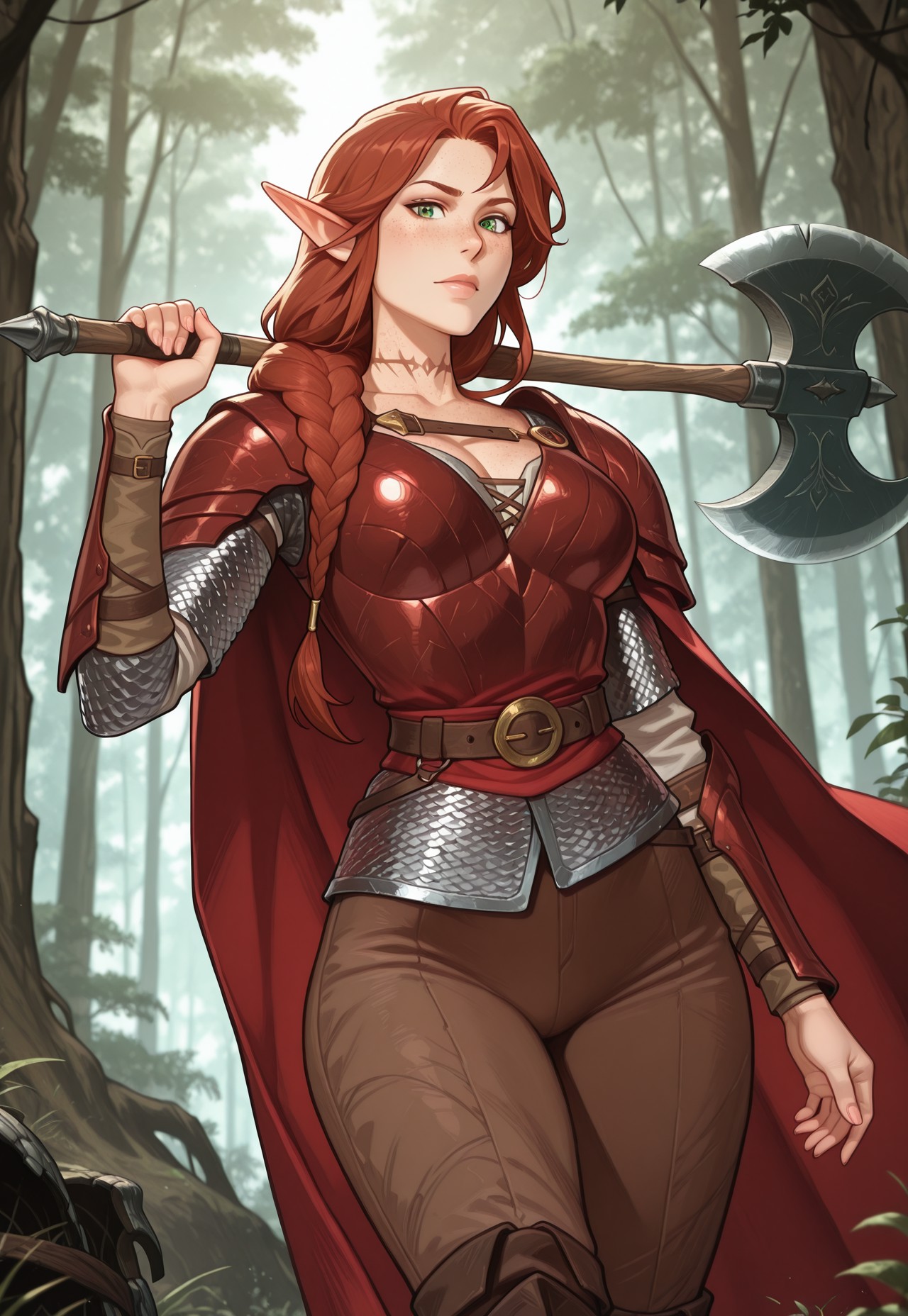 mai_ki_style, frostbite, 4s0r4, masterpiece, best quality, highly detailed, highres, absurdres, highly detailed, depth of field, vibrant image, dynamic, detailed face, detailed eyes, intricate details, absurdres, amazing quality, very aesthetic, upscale, ancient rome aesthetic, detailed pose, dynamic pose, close angle, detailed background,
BREAK
outdoors,daytime, trees, forest, forest ruins, the wild, magical forest, fantasy world, sexy, beauty, beautiful, beautiful skin, looking at viewer, detailed face, five fingers, detailed facial features, (pants), cowboy shot BREAK 
1girl, half elf woman, short pointy ears, muscular woman, ((armor)), ((chainmail armor)), elven tattoos on neck and arm, red cape, leather boots, leader guantlets, fit body, white skin, freckles, braided hair, long braid, long hair, dark red hair, redhead, green eyes, tall woman, great-axe, femenine body, wide hips, narrow waist, axe over shoulder,