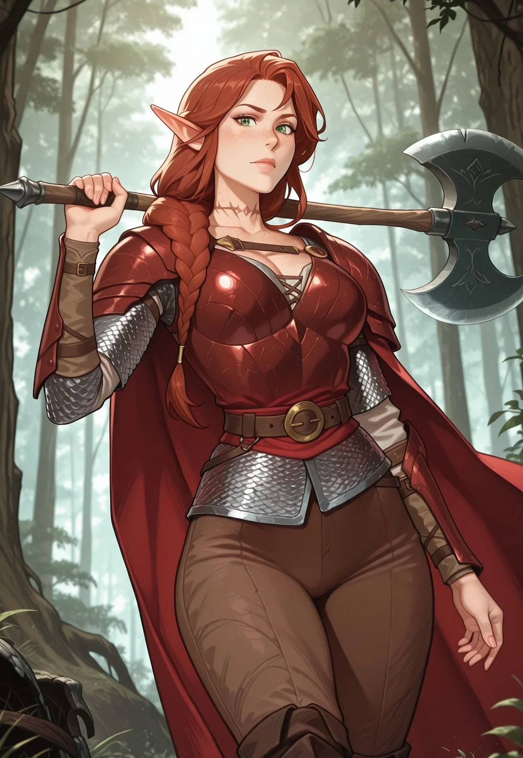 mai_ki_style, frostbite, 4s0r4, masterpiece, best quality, highly detailed, highres, absurdres, highly detailed, depth of field, vibrant image, dynamic, detailed face, detailed eyes, intricate details, absurdres, amazing quality, very aesthetic, upscale, ancient rome aesthetic, detailed pose, dynamic pose, close angle, detailed background,
BREAK
outdoors,daytime, trees, forest, forest ruins, the wild, magical forest, fantasy world, sexy, beauty, beautiful, beautiful skin, looking at viewer, detailed face, five fingers, detailed facial features, (pants), cowboy shot BREAK
1girl, half elf woman, short pointy ears, muscular woman, ((armor)), ((chainmail armor)), elven tattoos on neck and arm, red cape, leather boots, leader guantlets, fit body, white skin, freckles, braided hair, long braid, long hair, dark red hair, redhead, green eyes, tall woman, great-axe, femenine body, wide hips, narrow waist, axe over shoulder,