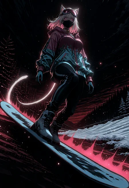 lazypos, 1girl, solo, Pink and teal cropped puffer jacket, black ski pants, oversized sweatshirt, snowboard, goggles on head, ski resort,blizzard, storm,badass, black and white ,snowboarding,jumping <lora:dark_art_style_illustriousXL:1> dark_art_style <lora:darkness_xl_v20:0.4> <lora:Airi_Noir:1> AiriNoir, animal ears, mouth mask, platinum blonde hair, choker, bell, pink eyes, two-tone hair <lora:V2_yakumo_alchemy:0.8> Red theme, glowing, glowing particles, glowing light particles, light particles