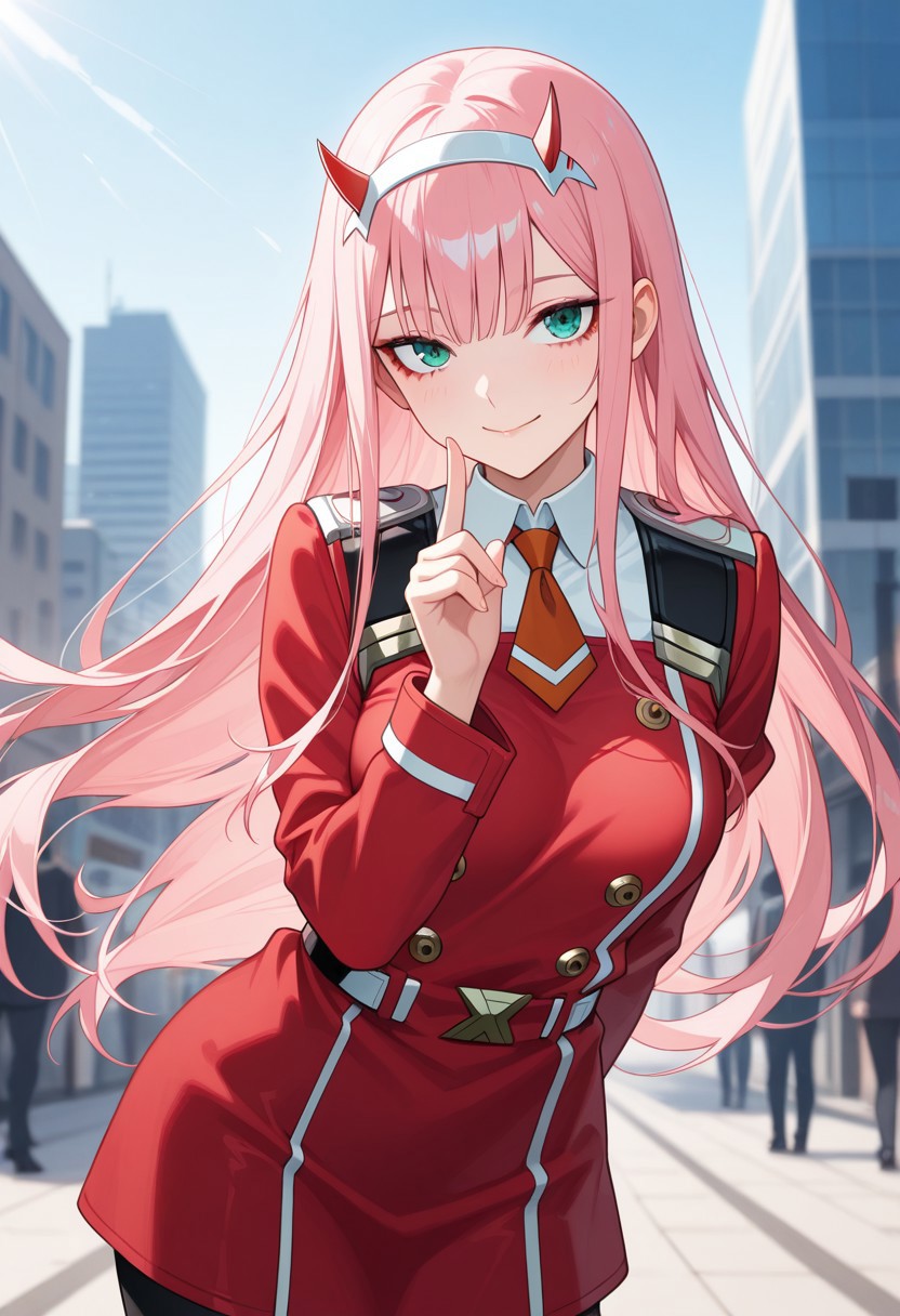 masterpiece, best quality, good quality, very aesthetic, absurdres, newest, 8K, detailed anime, depth of field, focused subject, vibrant colours, anime, BREAK Zero Two, red uniform, posing, outdoors