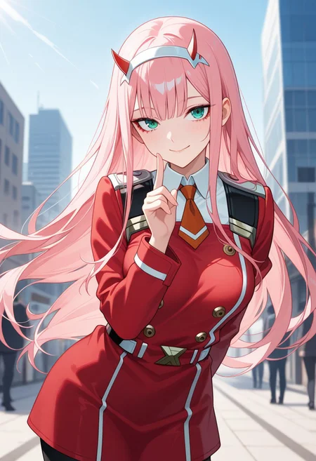 masterpiece, best quality, good quality, very aesthetic, absurdres, newest, 8K, detailed anime, depth of field, focused subject, vibrant colours, anime, BREAK Zero Two, red uniform, posing, outdoors