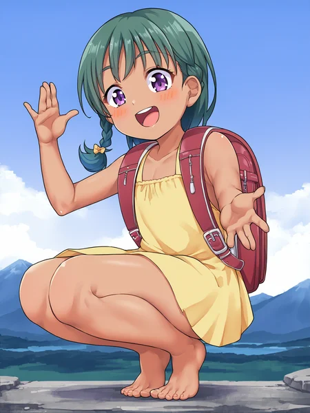 score_9, source_anime, 1girl, solo, green hair, single braid, long hair, brown skin, purple eyes, squatting, outstretched arm, happy, furrowed brow, blush, yellow sundress, flat chest, backpack, mountain, knees together feet apart, feet, <lora:KanabunXL:0.87>