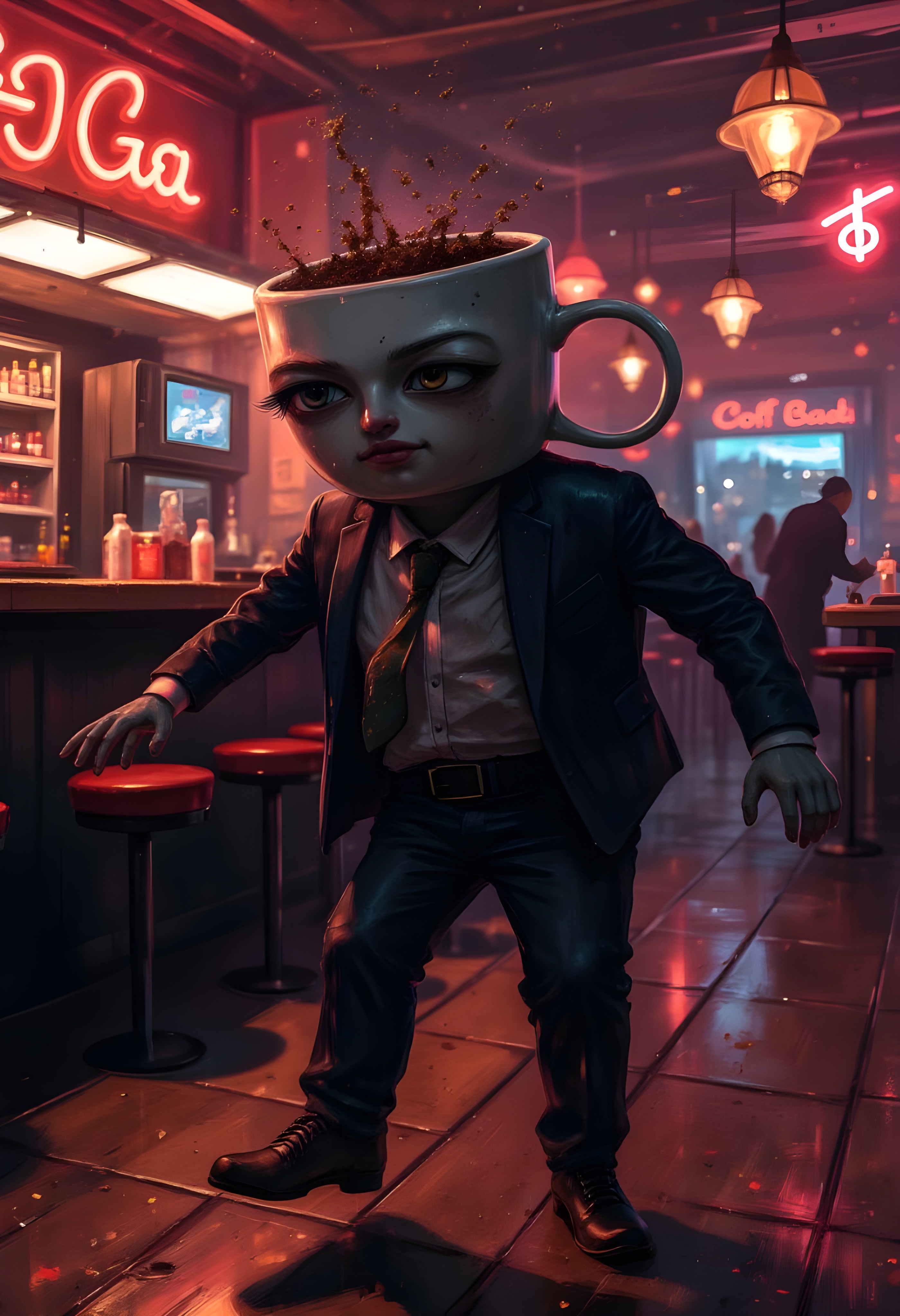 cinna flow, A sleep-deprived humanoid creature with a coffee cup for a head. His eyes are dark and droopy, barely staying open, wearing a wrinkled office suit with a loosened tie. His arms are sluggish, barely lifting as he attempts a lazy, jazzy dance. Coffee spills from his head every time he moves, leaving a trail of caffeine on the floor. The background is a whimsical jazz club with neon lights and a smoky atmosphere. Cinematic lighting, hyper-realistic, humorous yet slightly eerie