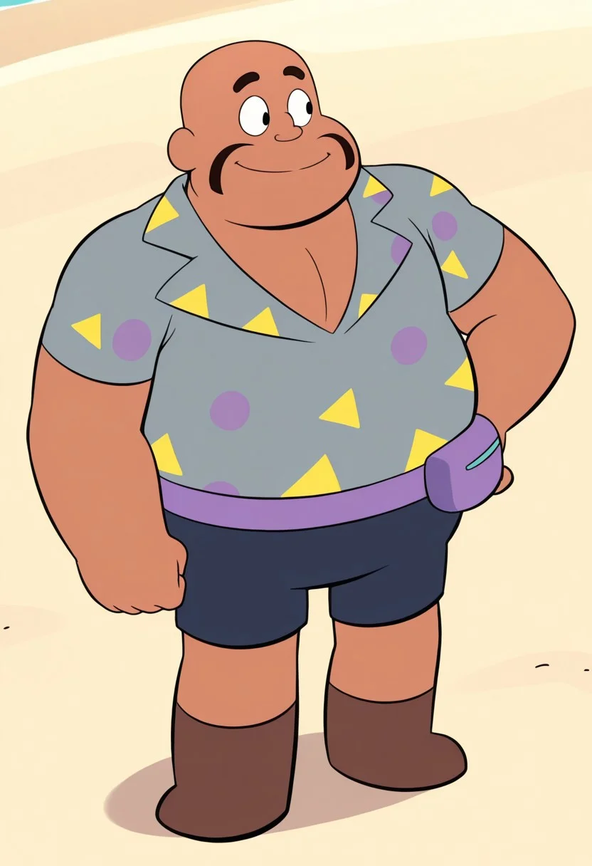 HaroldSmiley, 1boy, male focus, fat, black mustache, black eyes, bald, dark skin, gray-blue shirt, smile, brown boots, fanny pack, shorts, standing, in beach city, dynamic angle,